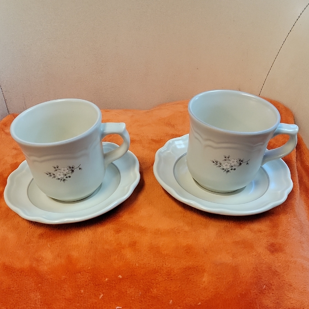 Pfaltzgraff Beige Floral Porcelain Cup and Saucer Set - Pair